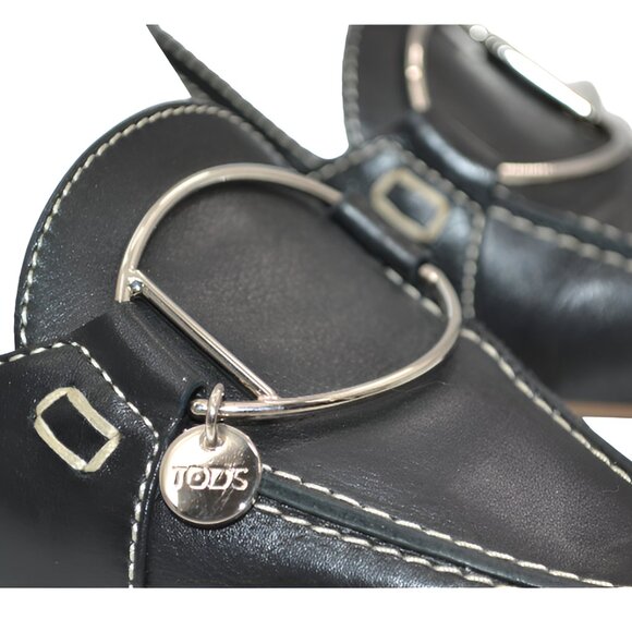 TOD'S Black Structured Minimalist Silver Metal Leather Slingback Kitten Heels 9 - Picture 4 of 15